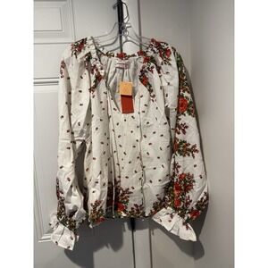 Free People Kinga Csilla Mama Blouse S White Floral V Neck LS Boho Gypsy NWT S